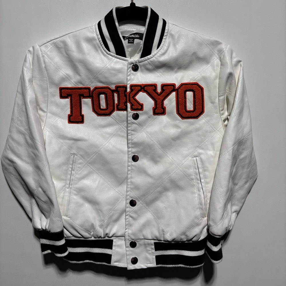 Fashion Nova White Jean Jacket with Orange TOKYO Patch